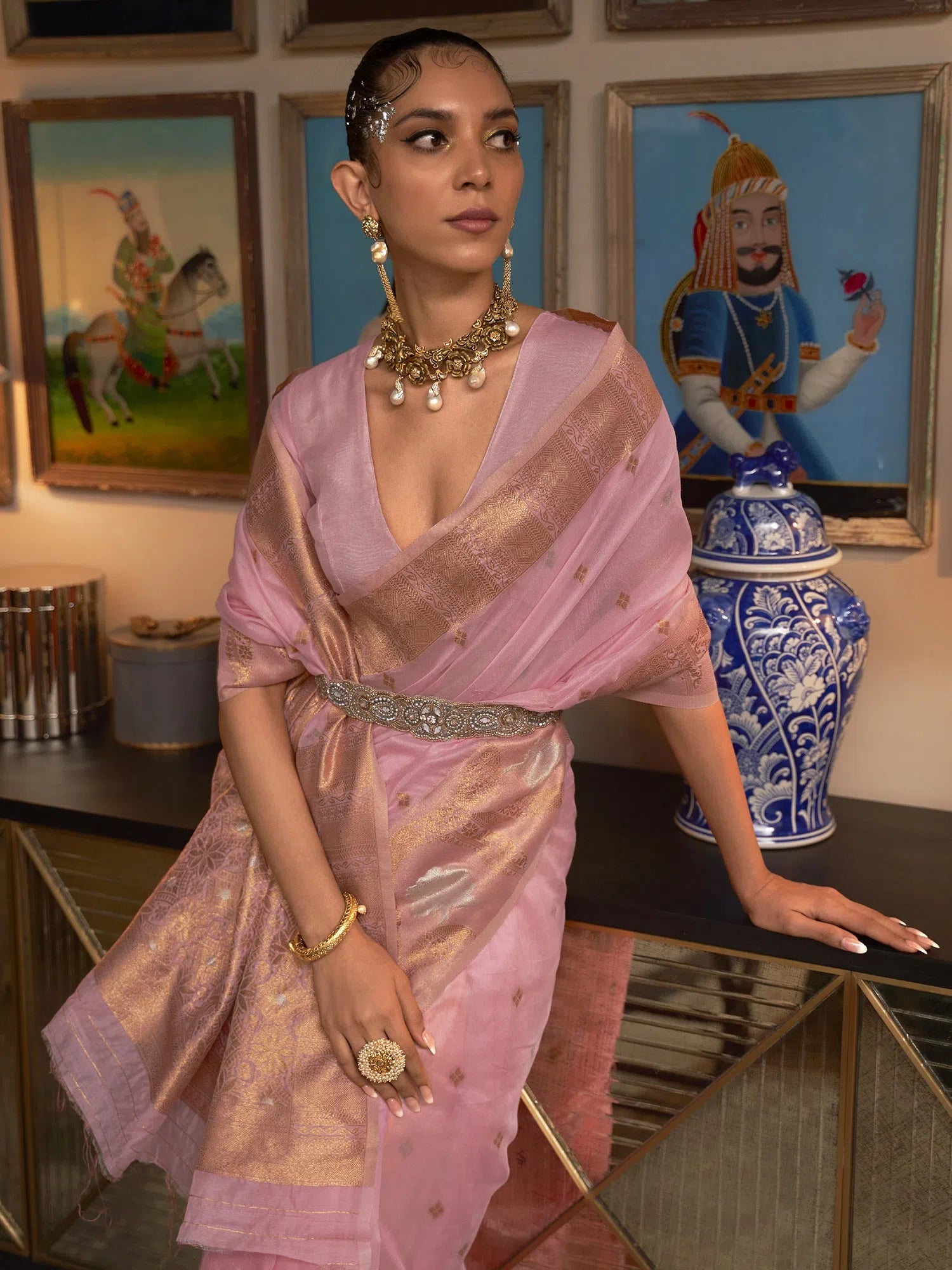 Saree Mall Women's  Blend Pink Woven Design Designer Saree With Blouse Piece-KRIYAN295004 Balloon Sleeve Blouse