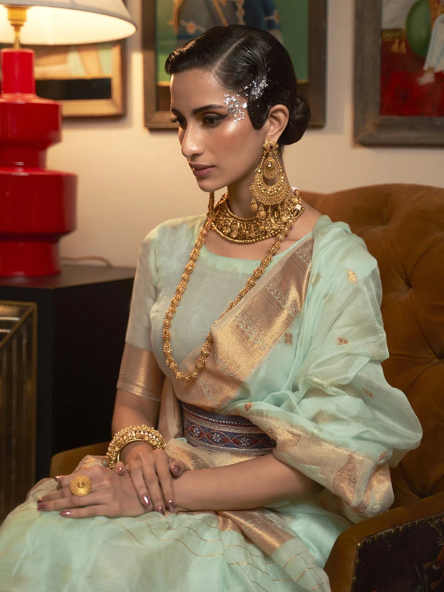 Saree Mall Women's  Blend Sea Green Woven Design Designer Saree With Blouse Piece-KRIYAN295001 Polished Work Blouse