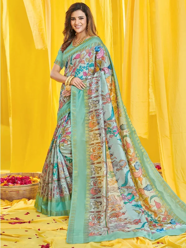 Saree Mall Women's Dola  Sea Green Digital Print Designer Saree With Blouse Piece-KASAVU107 Sheer Sleeve Blouse
