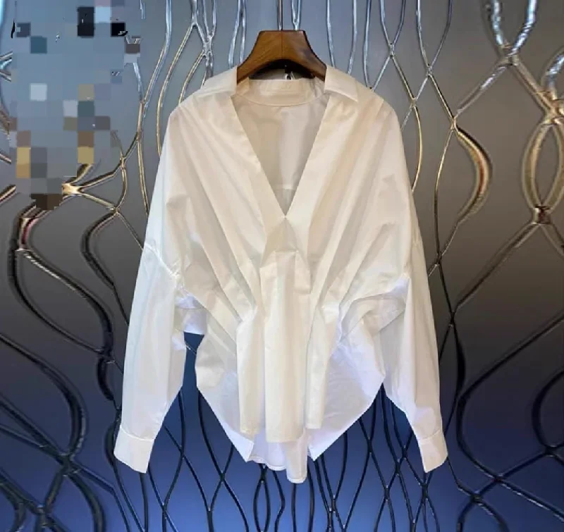 Women Irregular Ruffle V Neck Batwing Sleeve Loose White Shirt M 125048-- Graphic Embroidered Appliqued Women Irregular Ruffle V Neck Batwing Sleeve Loose White Shirt M 125048-- Graphic Embroidered Appliqued
