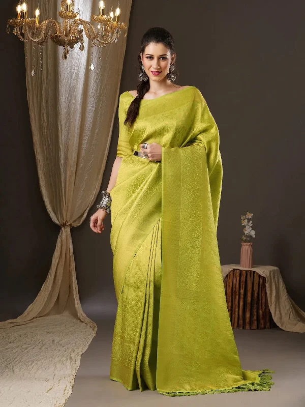 Saree Mall Women's Georgette Lime Green Woven Design Woven Saree With Blouse Piece-5ALEKHA5001 Ruffled Neck Blouse