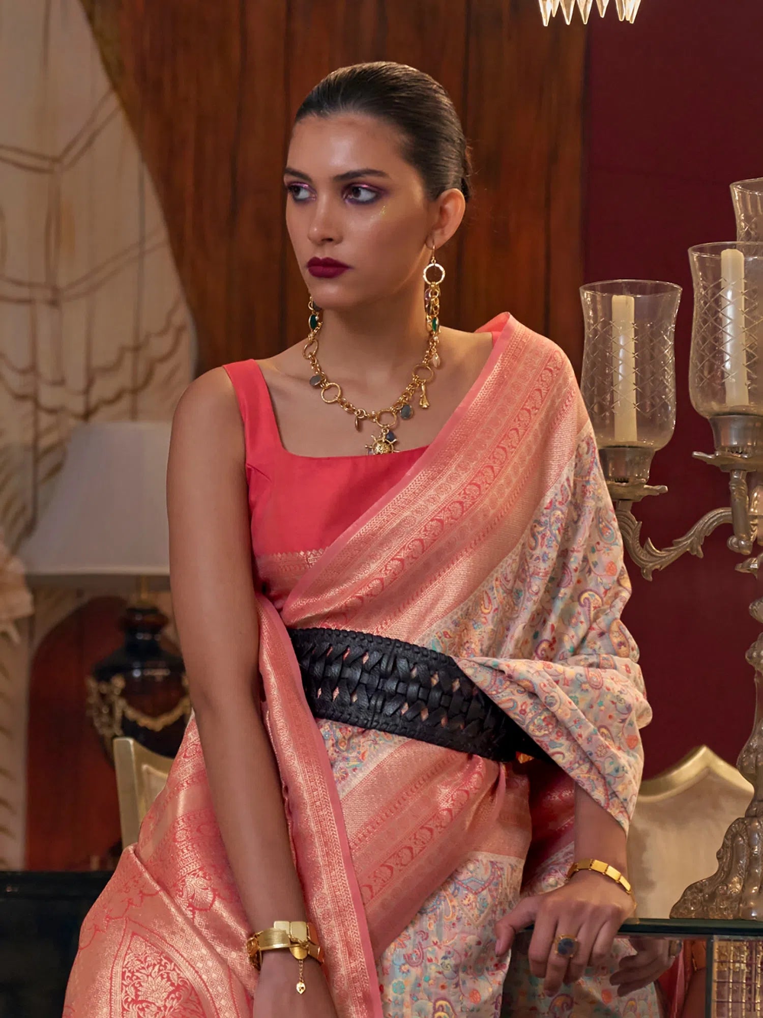 Saree Mall Women's  Blend Beige Woven Design Designer Saree With Blouse Piece-KSHIDA319003 Chic Ruffle Blouse