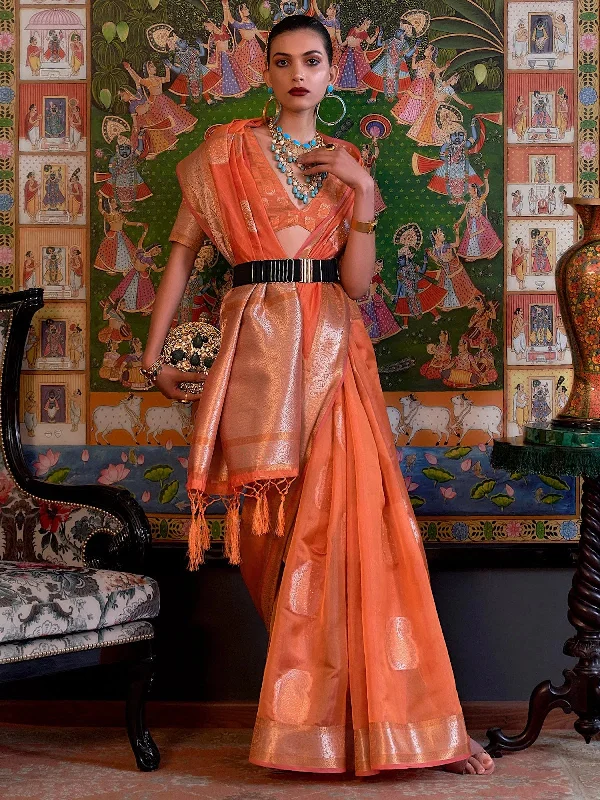 Saree Mall Women's Organza Peach Embellished Designer Saree With Blouse Piece-KABINI315005 Soft Satin Blouse