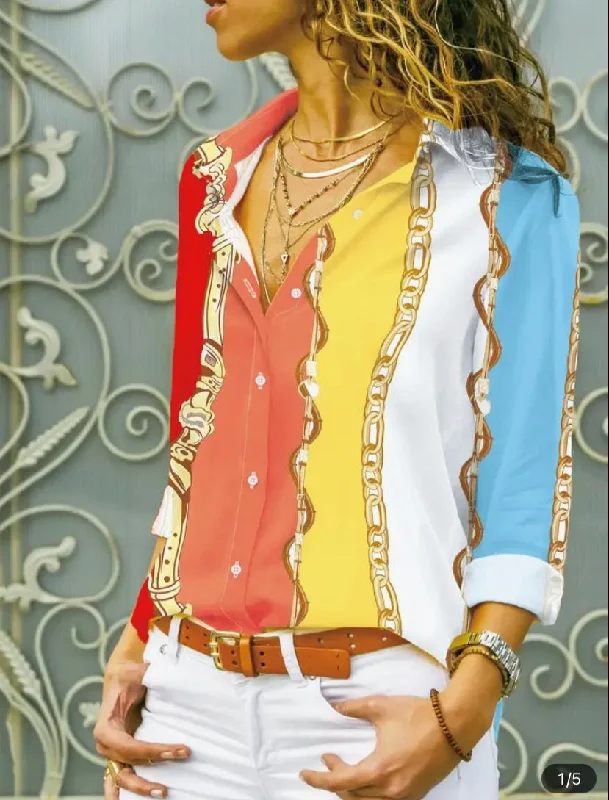 Chain Print Color Block Shirt X4393631-- Polka Dot Checkered Tartan