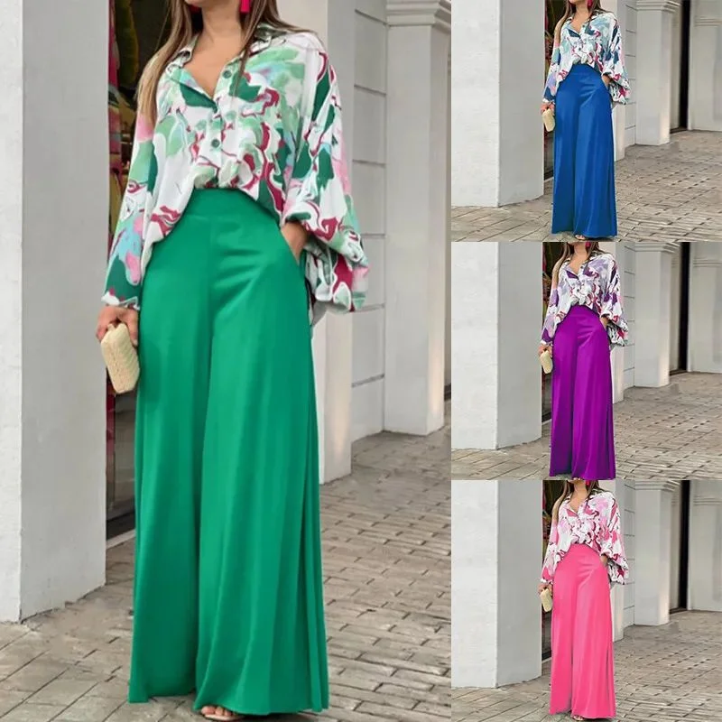 Two Piece Casual Women's Loose Boho Print Shirt + Commuter Wide Leg Pants Set L B-75640-- Notch Collar Peter Pan Collar Cowl Neck