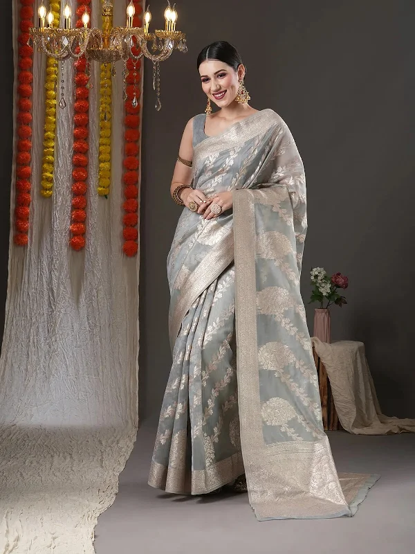 Saree Mall Women's Organza Grey Woven Design Designer Saree With Blouse Piece-ORGCL06D Smart Business Blouse