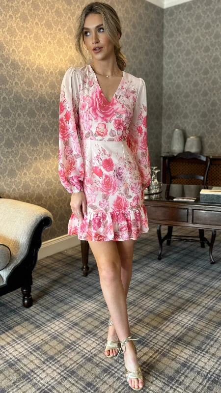 Triona Pink Floral V Neck Mini Dress Fashionable Boho-Chic Mini Dress