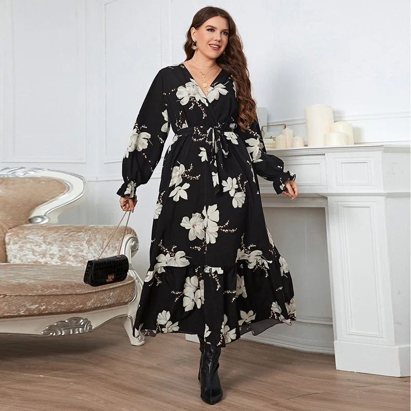 BerriesJam - Elegant Long Sleeve Black Floral Wraped Party Dress Tunics Occasion special BerriesJam - Elegant Long Sleeve Black Floral Wraped Party Dress Tunics Occasion special