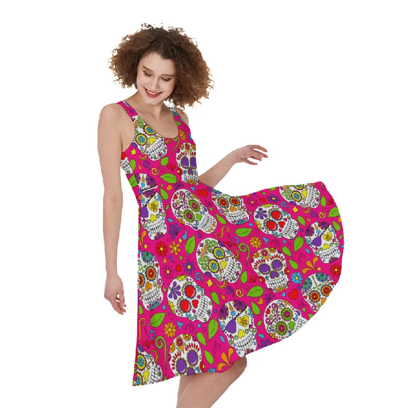 Pink Sugar Skull Pattern Print Sleeveless Knee Length Dress Tunics Wedding white