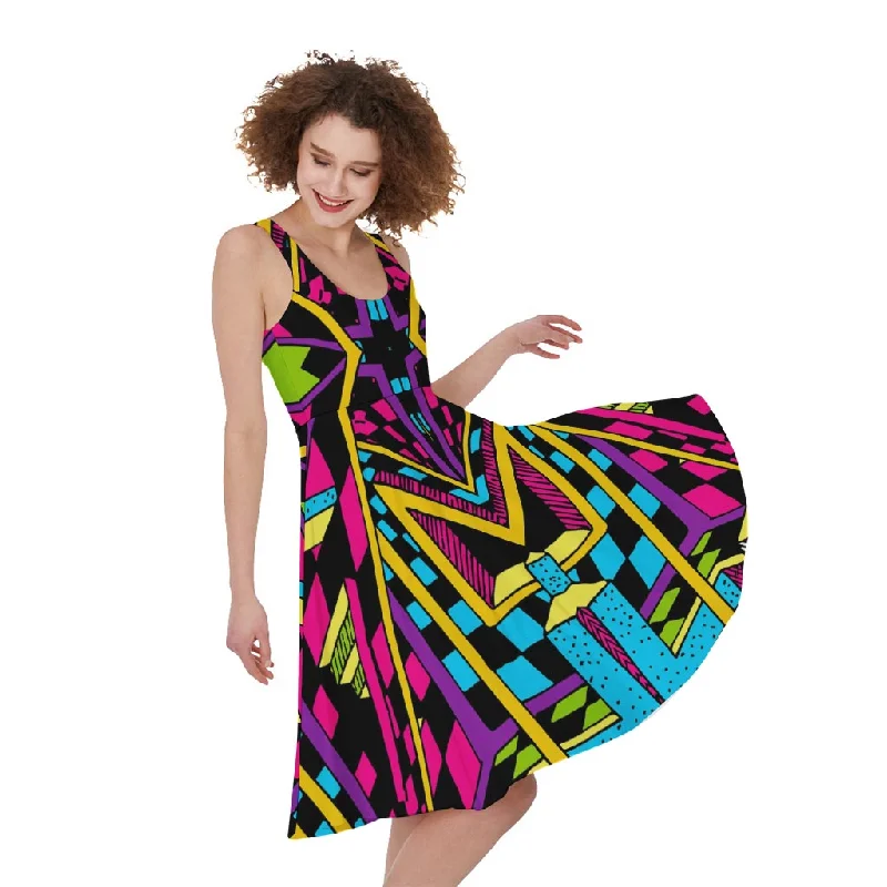 Ethnic Psychedelic Trippy Print Sleeveless Knee Length Dress Crew Neckline Sporty