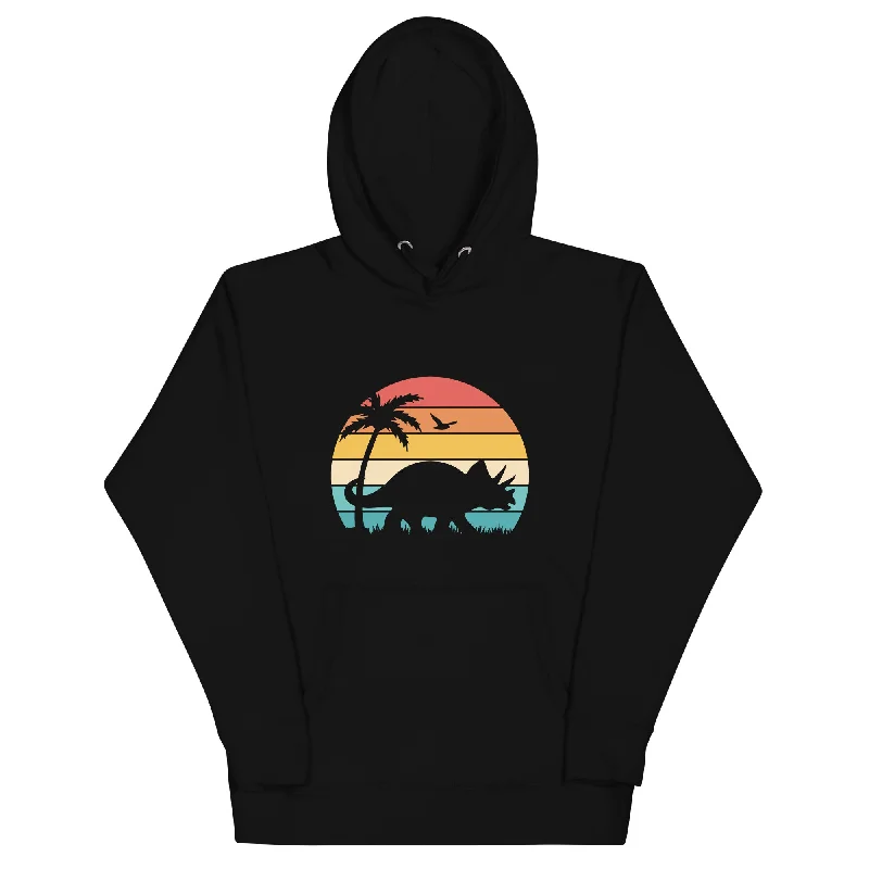 Retro Triceratops Sunset - Adult Dinosaur Hoodie Hoodie with Raglan Sleeves Sporty Comfortable