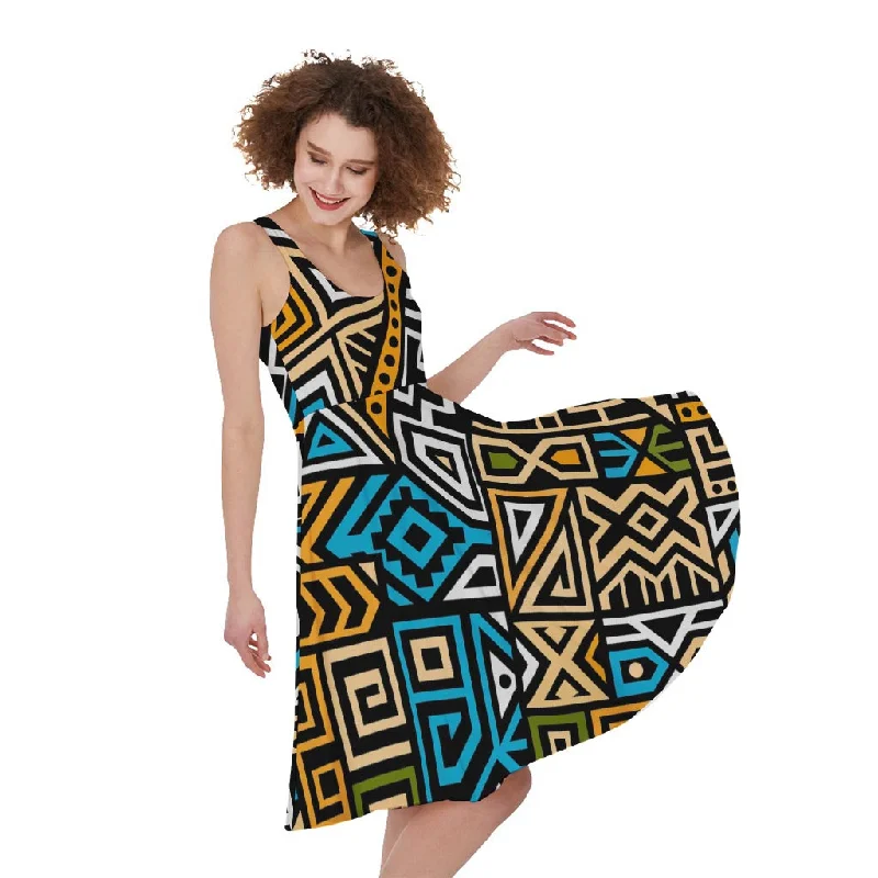 Ethnic Aztec Geometric Pattern Print Sleeveless Knee Length Dress Tunics stripes playful Ethnic Aztec Geometric Pattern Print Sleeveless Knee Length Dress Tunics stripes playful