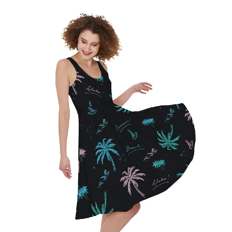 Palm Tree Summer Beach Pattern Print Sleeveless Knee Length Dress Tunics Solid Classic Palm Tree Summer Beach Pattern Print Sleeveless Knee Length Dress Tunics Solid Classic