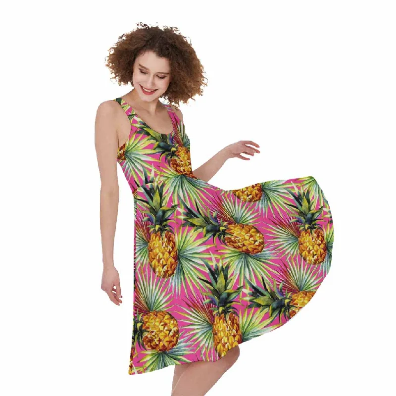 Pink Watercolor Pineapple Pattern Print Sleeveless Knee Length Dress Tunics Trousers formal
