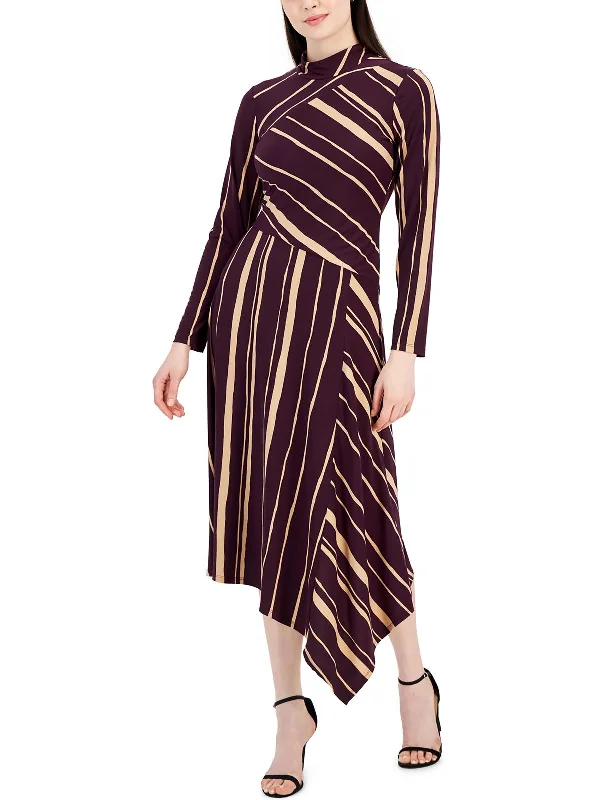 Petites Womens Asymmetric Long Cocktail And Party Dress Pleated Skirt Elegant