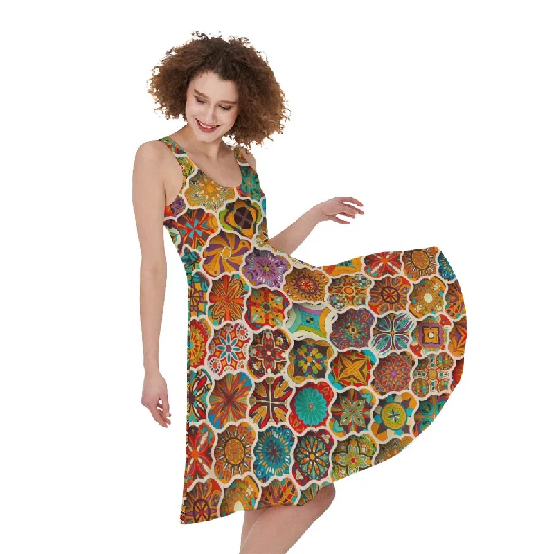 Ethnic Mandala Bohemian Pattern Print Sleeveless Knee Length Dress sweetheart Neckline Romantic Ethnic Mandala Bohemian Pattern Print Sleeveless Knee Length Dress sweetheart Neckline Romantic