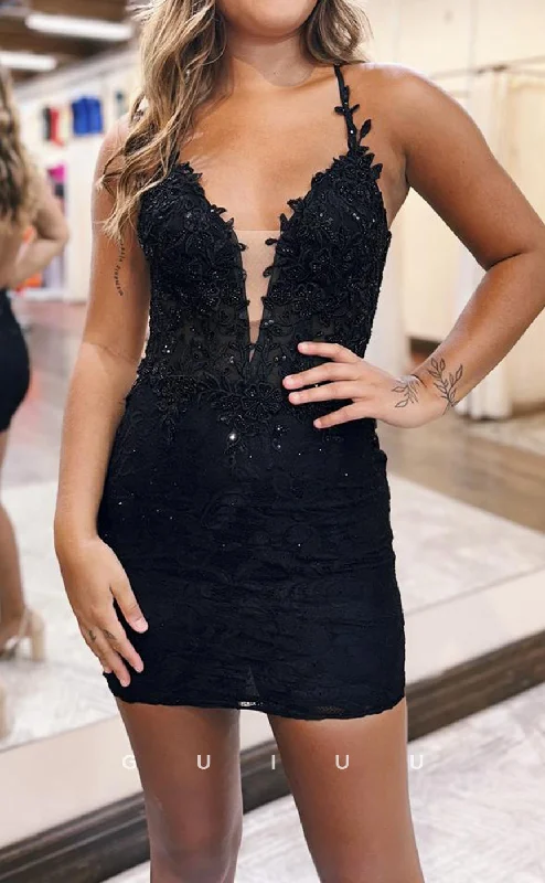 GH812 - Sexy & Hot V-Neck Sheer Applique Short Black Mini Homecoming Party Dress Tunics Polka dots GH812 - Sexy & Hot V-Neck Sheer Applique Short Black Mini Homecoming Party Dress Tunics Polka dots