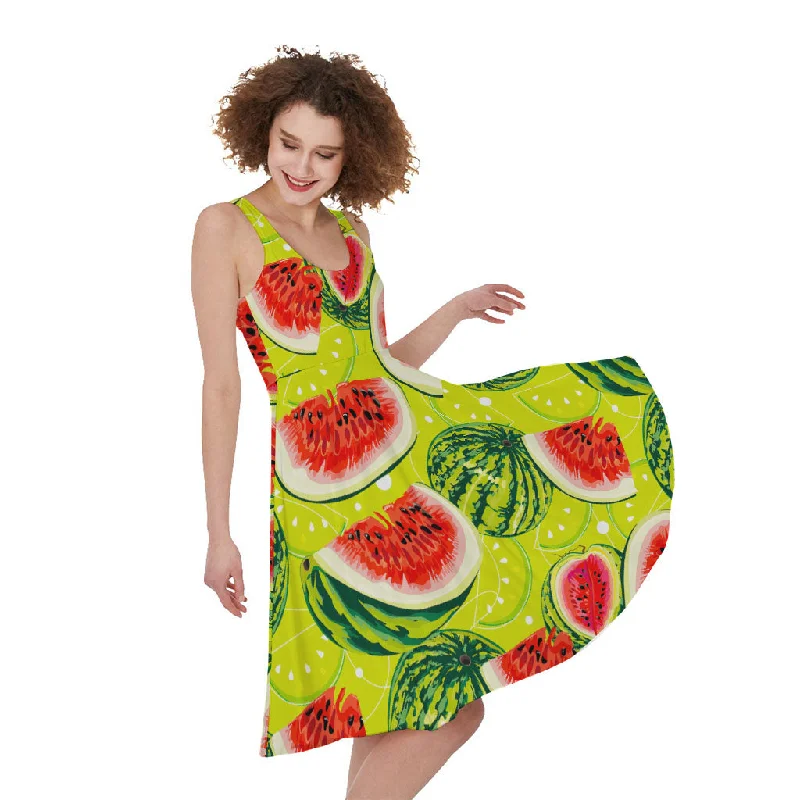 Lime Green Watermelon Pattern Print Sleeveless Knee Length Dress Tunic Top Casual