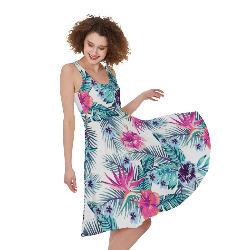 Neon Hibiscus Tropical Pattern Print Sleeveless Knee Length Dress Tunics Bestseller popular Neon Hibiscus Tropical Pattern Print Sleeveless Knee Length Dress Tunics Bestseller popular