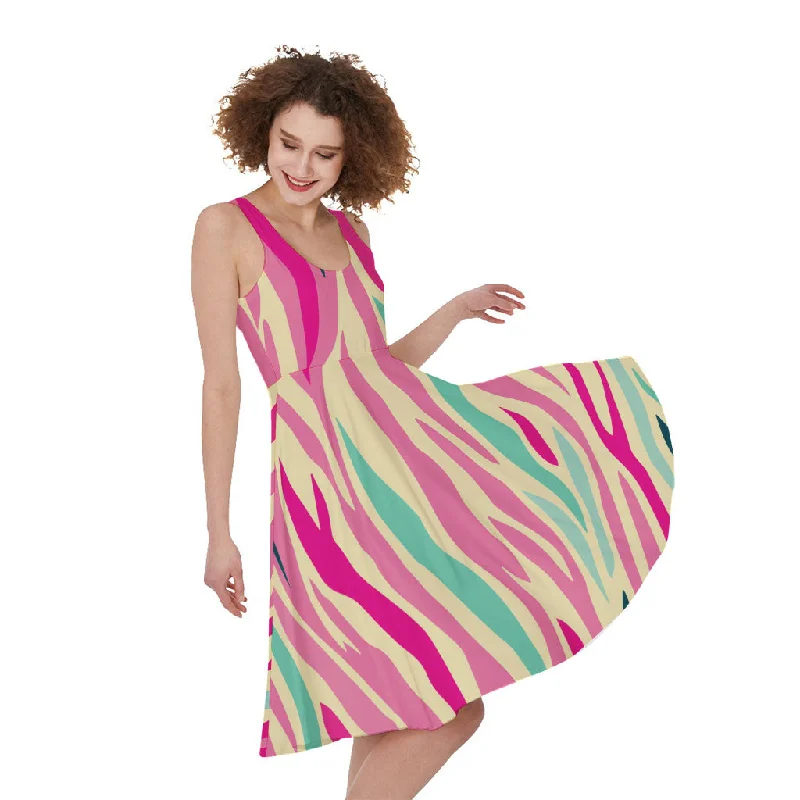 Pastel Zebra Pattern Print Sleeveless Knee Length Dress Tunics Fashionable chic