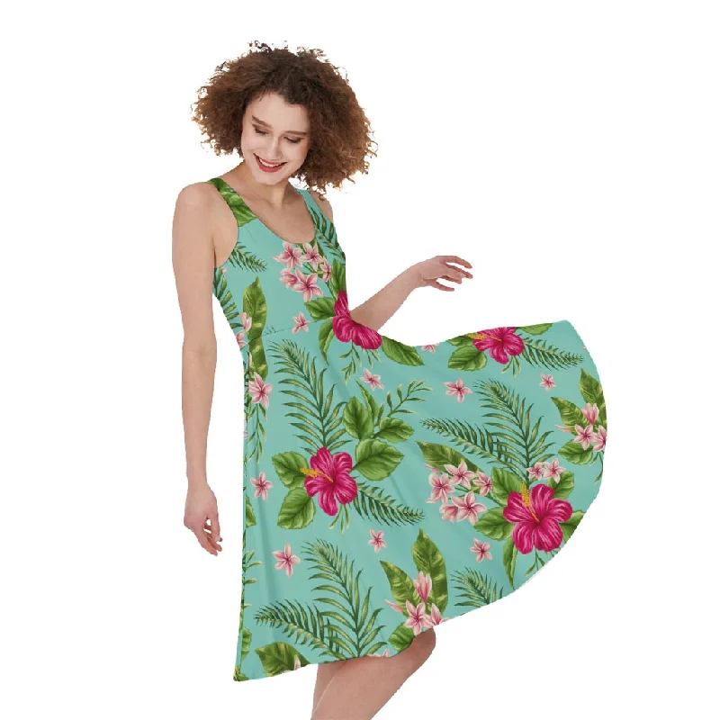 Hibiscus Plumeria Flowers Pattern Print Sleeveless Knee Length Dress Tunics Ceremony elegant Hibiscus Plumeria Flowers Pattern Print Sleeveless Knee Length Dress Tunics Ceremony elegant