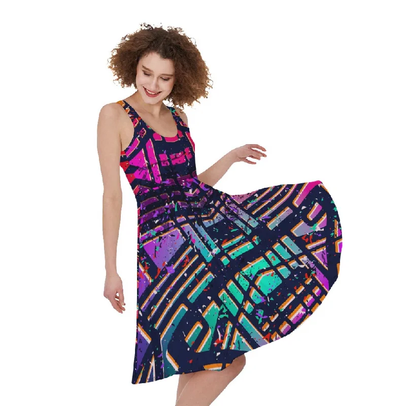 Ethnic Aztec Grunge Trippy Print Sleeveless Knee Length Dress Tunics Print Colorful