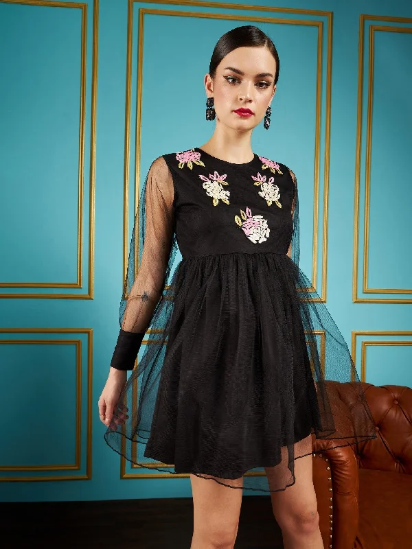 Women Black Front Embellished Mesh Skater Dress Tunics Travel practical