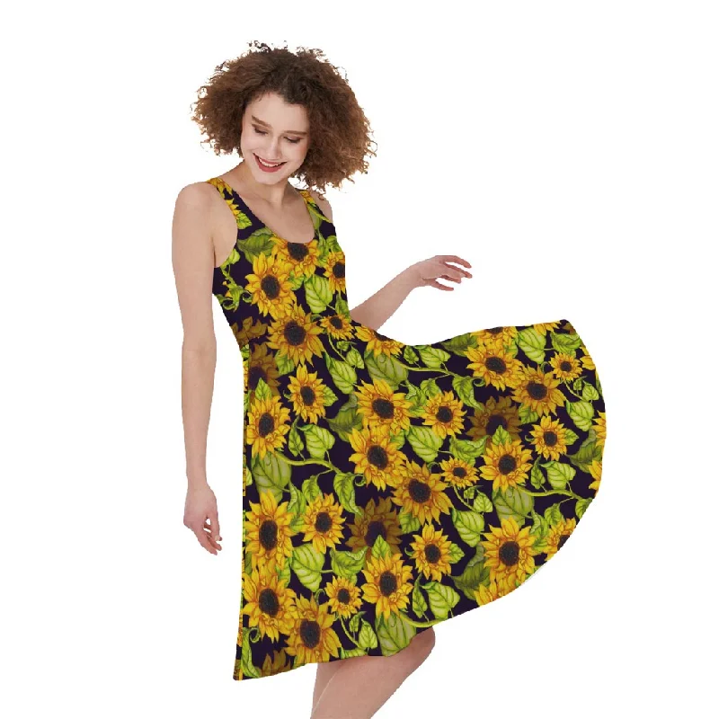 Hand Drawn Sunflower Pattern Print Sleeveless Knee Length Dress Tunics Stylish elegant Hand Drawn Sunflower Pattern Print Sleeveless Knee Length Dress Tunics Stylish elegant