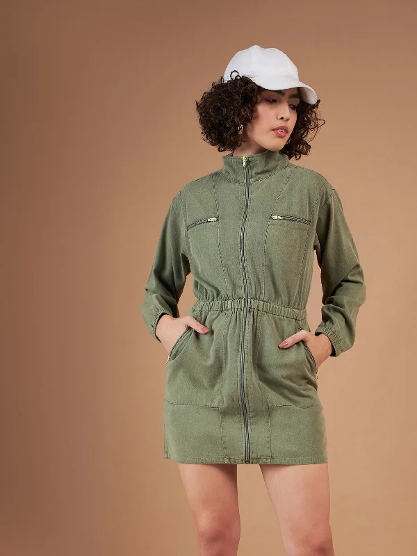 Lyush Women Olive Twill Front Zipper Mini Dress Trendy Mesh Mini Dress
