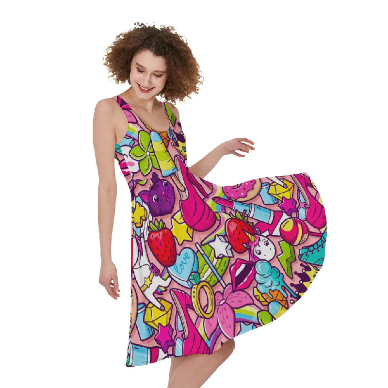 Girly Unicorn Cartoon Pattern Print Sleeveless Knee Length Dress Tunics Stylish modern Girly Unicorn Cartoon Pattern Print Sleeveless Knee Length Dress Tunics Stylish modern