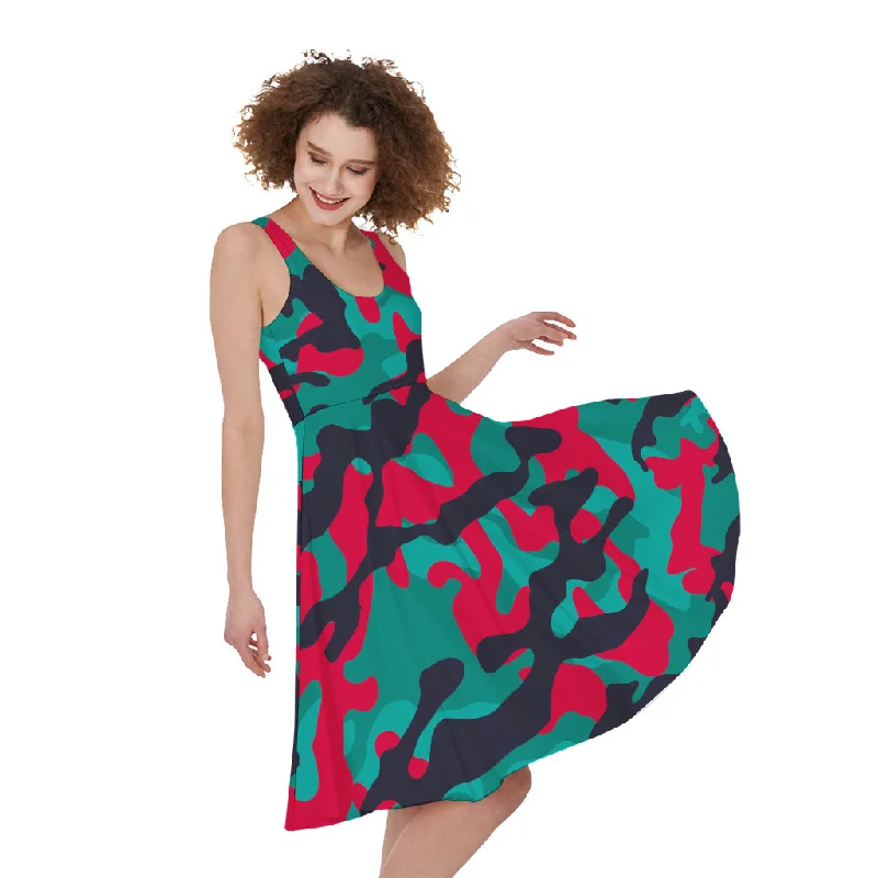 Pink Teal And Black Camouflage Print Sleeveless Knee Length Dress Tunics Party sparkling Pink Teal And Black Camouflage Print Sleeveless Knee Length Dress Tunics Party sparkling