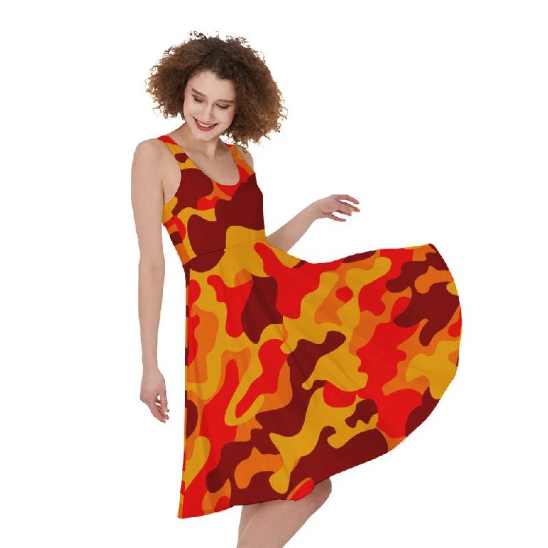 Orange Camouflage Print Sleeveless Knee Length Dress Tunics Distressed trendy