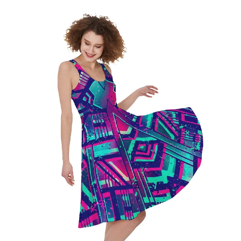 Neon Ethnic Aztec Trippy Print Sleeveless Knee Length Dress Tunics Versatile stylish Neon Ethnic Aztec Trippy Print Sleeveless Knee Length Dress Tunics Versatile stylish