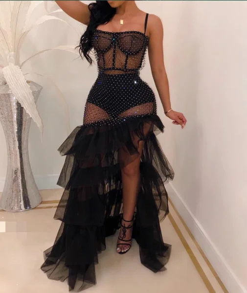 Sheer Mesh Rhinestone Slit Party Dress Square Neckline Feminine