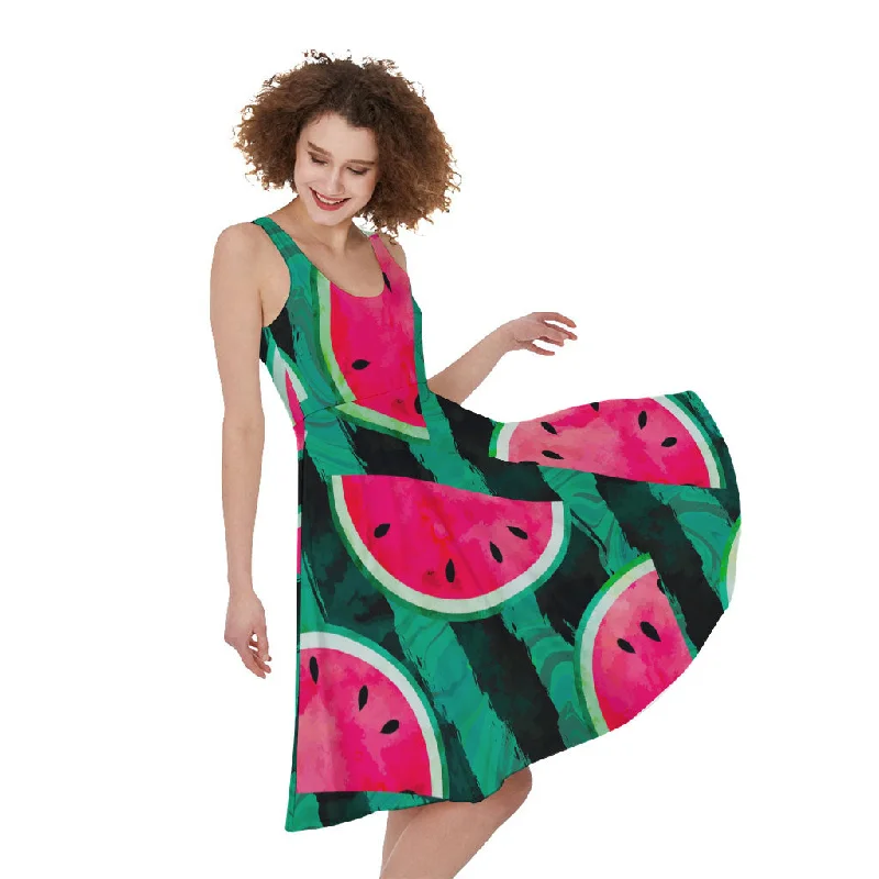 Green Striped Watermelon Pattern Print Sleeveless Knee Length Dress Tunics Yoga stretchy Green Striped Watermelon Pattern Print Sleeveless Knee Length Dress Tunics Yoga stretchy