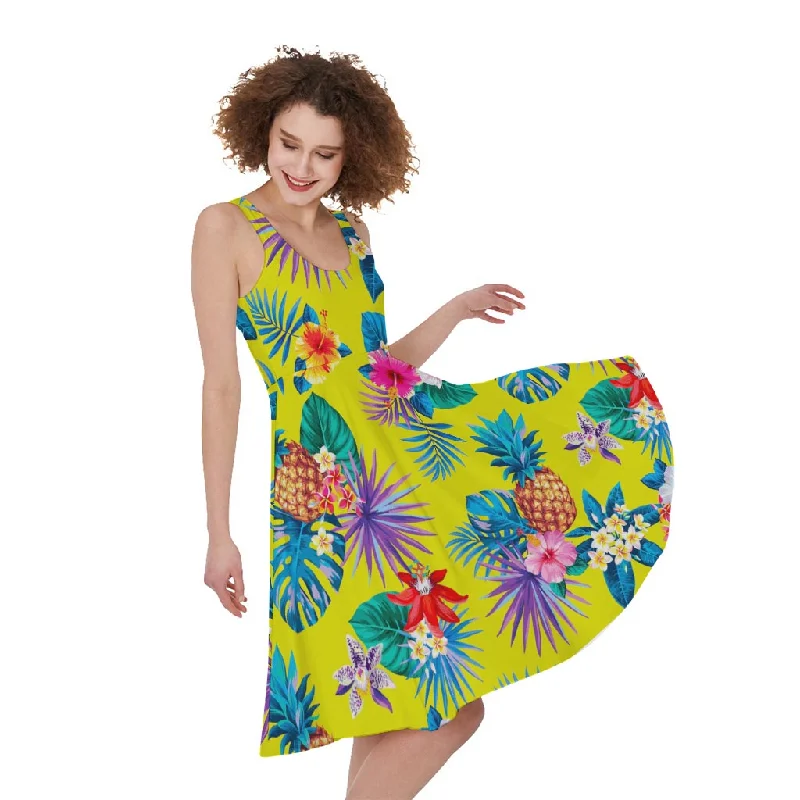Lime Hawaiian Pineapple Pattern Print Sleeveless Knee Length Dress Turtleneck Neckline Stylish Lime Hawaiian Pineapple Pattern Print Sleeveless Knee Length Dress Turtleneck Neckline Stylish