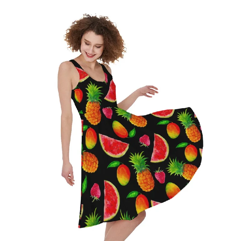 Mix Fruit Pineapple Pattern Print Sleeveless Knee Length Dress Tunics Stylish modern Mix Fruit Pineapple Pattern Print Sleeveless Knee Length Dress Tunics Stylish modern
