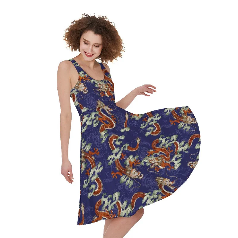 Orange Japanese Dragon Pattern Print Sleeveless Knee Length Dress Tunics Canvas sturdy Orange Japanese Dragon Pattern Print Sleeveless Knee Length Dress Tunics Canvas sturdy