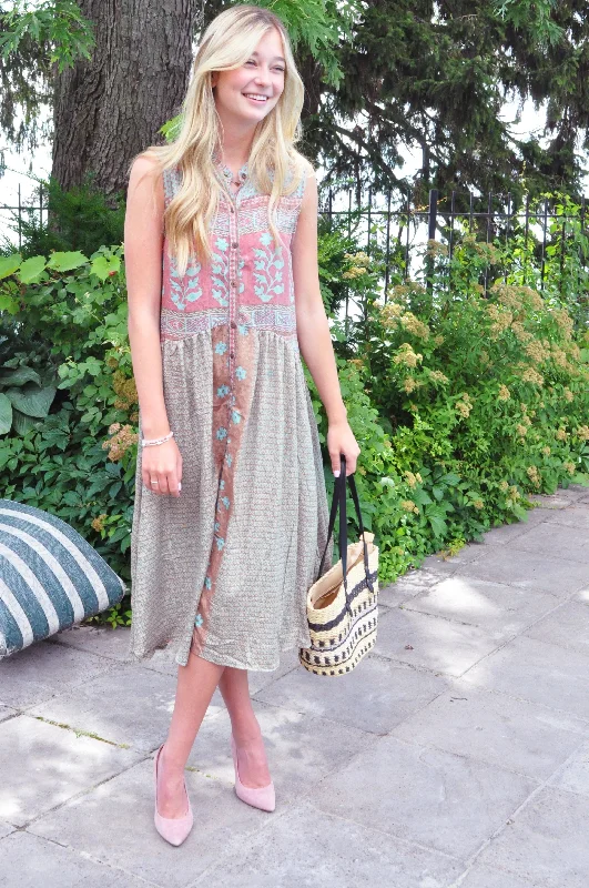 Caravan Sleeveless Button Down Dress Cowl Neckline Elegant