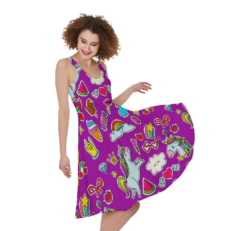 Purple Girly Unicorn Pattern Print Sleeveless Knee Length Dress Tunics Luxurious premium Purple Girly Unicorn Pattern Print Sleeveless Knee Length Dress Tunics Luxurious premium