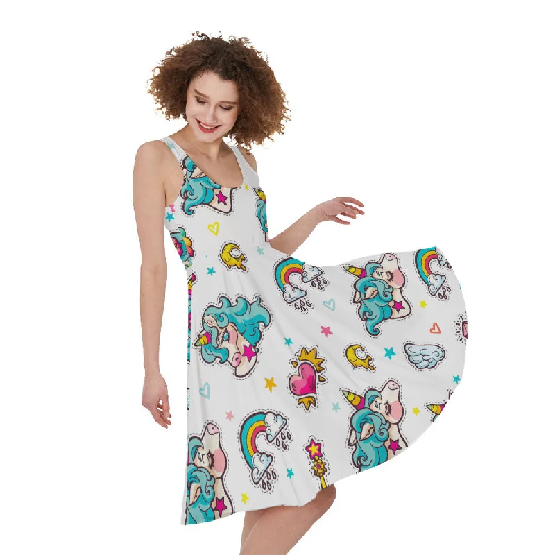 Little Girly Unicorn Pattern Print Sleeveless Knee Length Dress Square Neckline Feminine Little Girly Unicorn Pattern Print Sleeveless Knee Length Dress Square Neckline Feminine