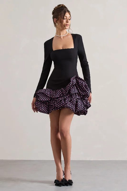 Surreal | Black Polka Dot Square-Neck Mini Dress With Ruffles Elegant Mini Dress with Pleats Surreal | Black Polka Dot Square-Neck Mini Dress With Ruffles Elegant Mini Dress with Pleats