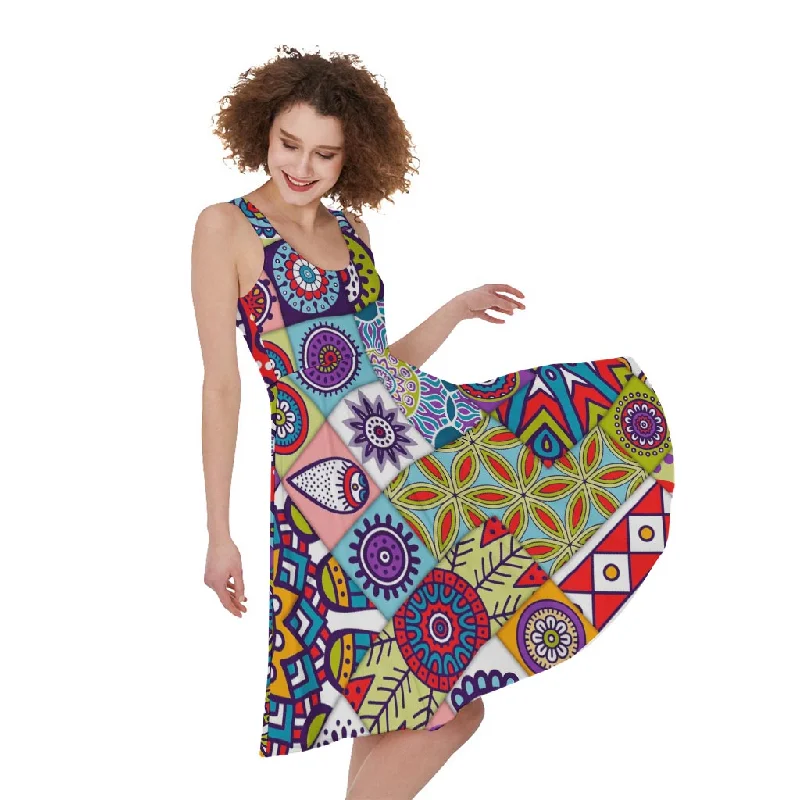 Mandala Tile Bohemian Pattern Print Sleeveless Knee Length Dress Maxi Flowy Bohemian Mandala Tile Bohemian Pattern Print Sleeveless Knee Length Dress Maxi Flowy Bohemian
