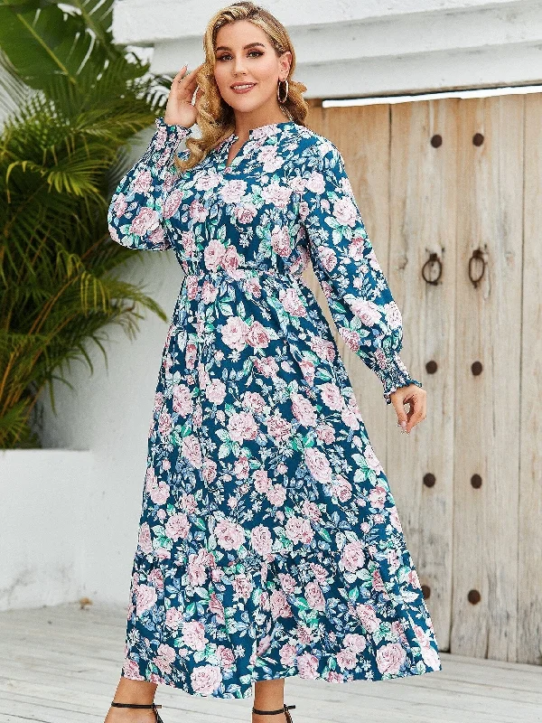BerriesJam - Fashion Long Sleeve Flora Loose Long Party Dress Tunics Formal black