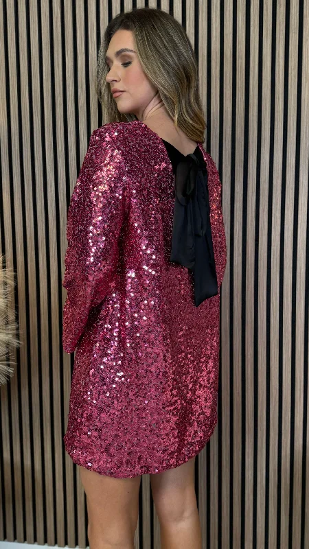 Nikita Pink Sequin With Black Bow Detail Mini Dress Stylish Puff Sleeve Mini Dress