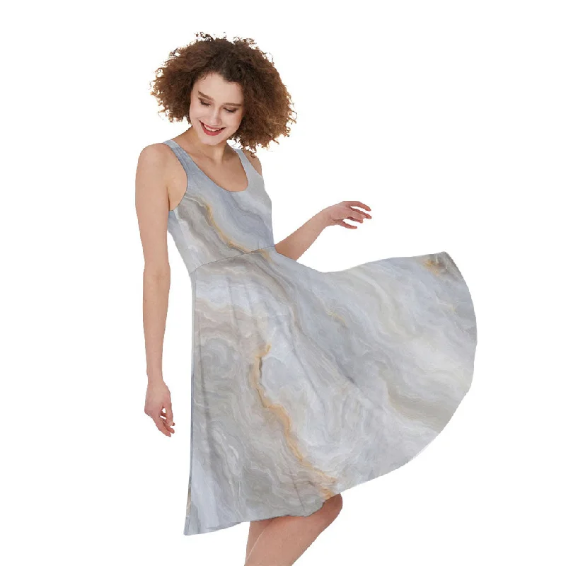 Grey Marble Print Sleeveless Knee Length Dress Maxi Flowy Bohemian
