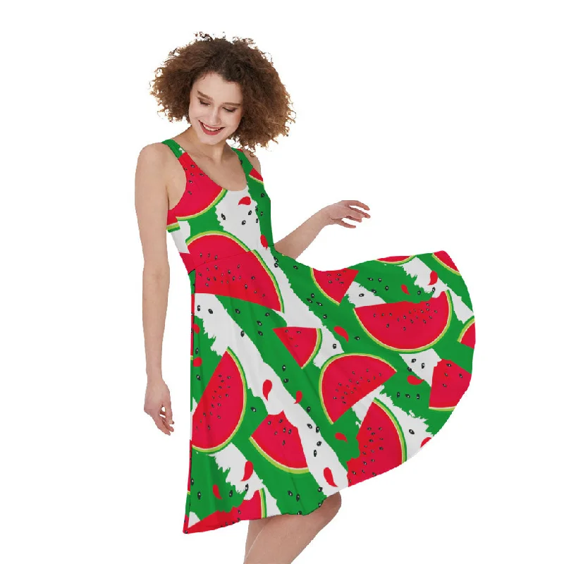 Green Stripes Watermelon Pattern Print Sleeveless Knee Length Dress Tunics Chinos classic Green Stripes Watermelon Pattern Print Sleeveless Knee Length Dress Tunics Chinos classic