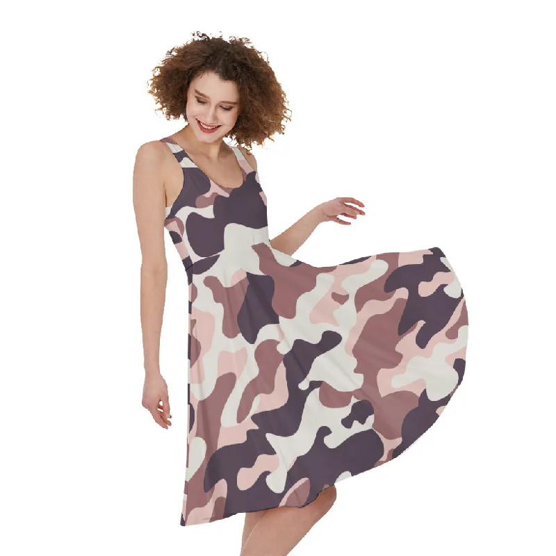 Pink Brown Camouflage Print Sleeveless Knee Length Dress Tunics Sophisticated sleek