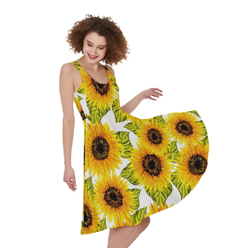 Doodle Sunflower Pattern Print Sleeveless Knee Length Dress Tunics Silk luxurious