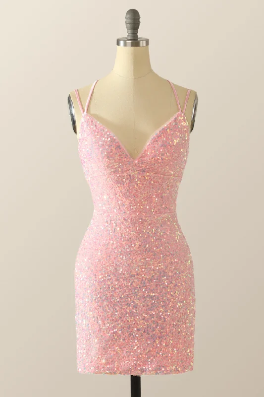 Double Straps Pink Sequin Bodycon Mini Dress Cozy Satin Mini Dress